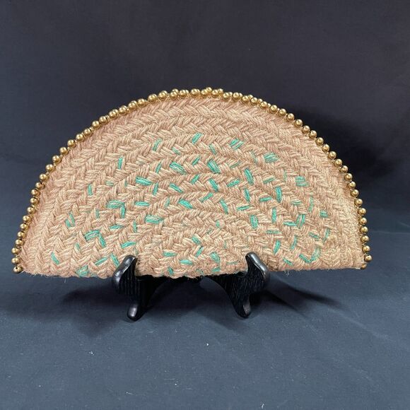 Antik Kraft Jute Clutch Natural Material Zip Up Half Circle Purse Bag - Picture 4 of 8